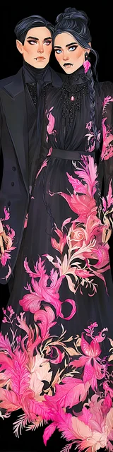 Free vampire bookmark featuring a couple in pink leafy black dresses